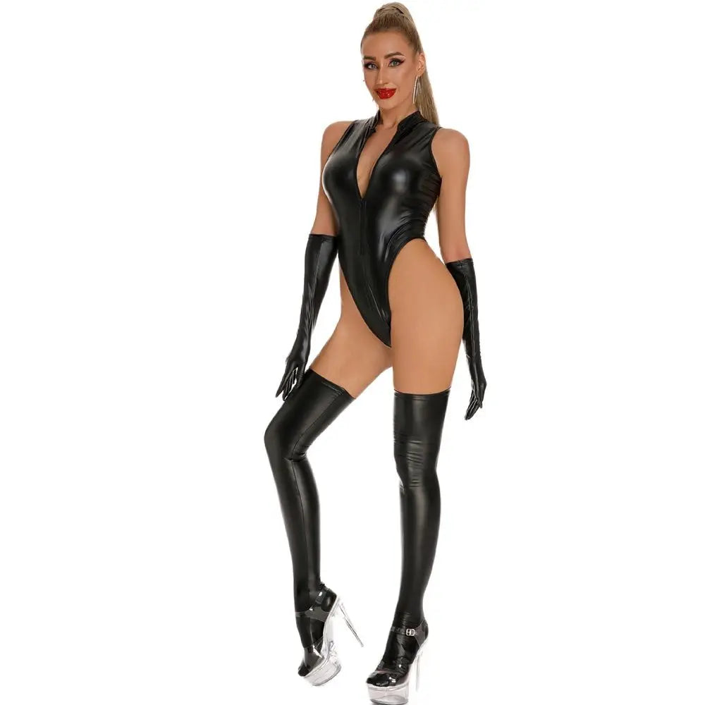 Faux PU Leather Cosplay Outfit Hight Cut Front Zip Bodysuit Swimsuit Tights Sexy Clubwear Body Tops + Stockings Leotard Teddies