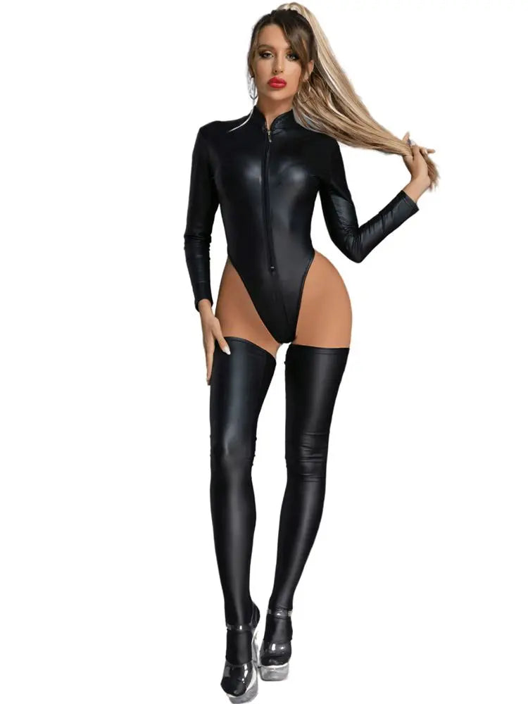 Faux PU Leather Cosplay Outfit Hight Cut Front Zip Bodysuit Swimsuit Tights Sexy Clubwear Body Tops + Stockings Leotard Teddies