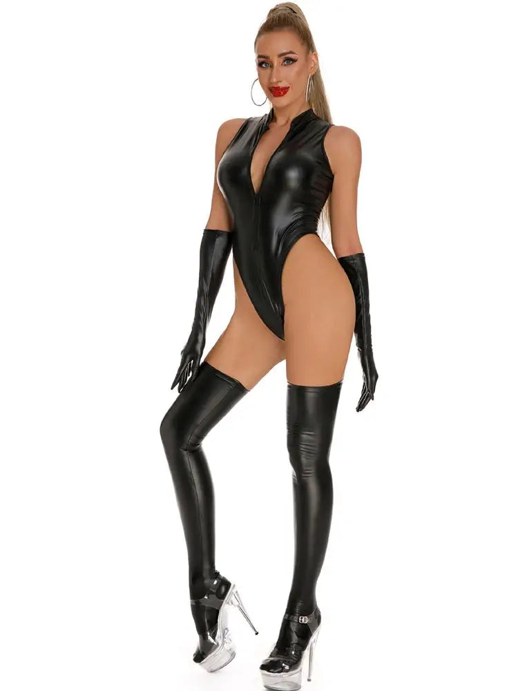 Faux PU Leather Cosplay Outfit Hight Cut Front Zip Bodysuit Swimsuit Tights Sexy Clubwear Body Tops + Stockings Leotard Teddies