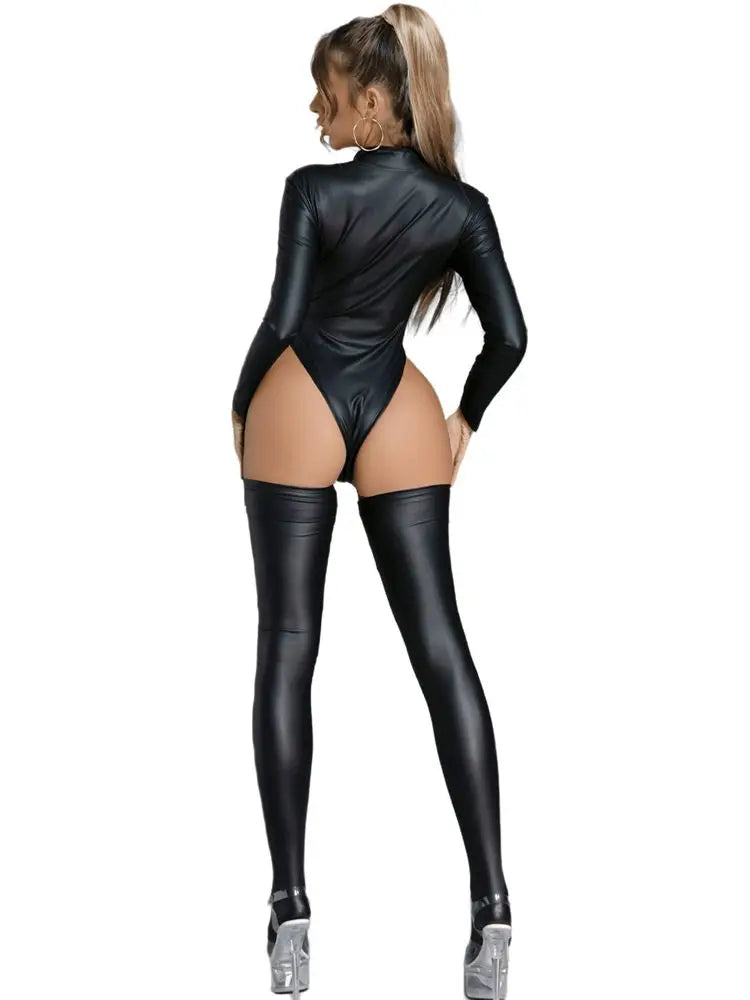 Faux PU Leather Cosplay Outfit Hight Cut Front Zip Bodysuit Swimsuit Tights Sexy Clubwear Body Tops + Stockings Leotard Teddies