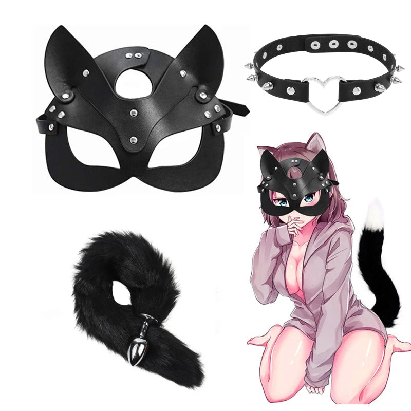 Sex Toys for Woman Cosplay Fox Mask Tail Anal Plug Metal Anus Butt Plug Collar Half Cat Mask Party Sexy Adult Mask Game Masks